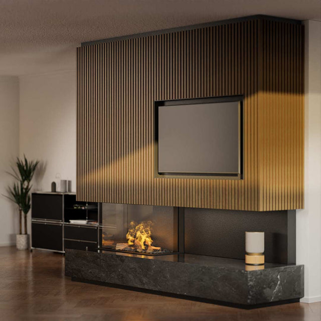 Elektrokamin Individuell mit TV Integration und Akustikpanelen inklusive Feuertisch aus poliertem Naturstein